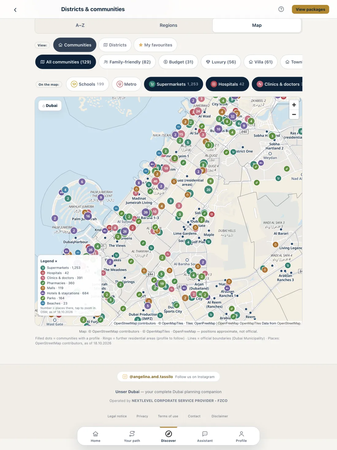 Unser Dubai on a tablet: map with 129 districts, schools, clinics and supermarkets