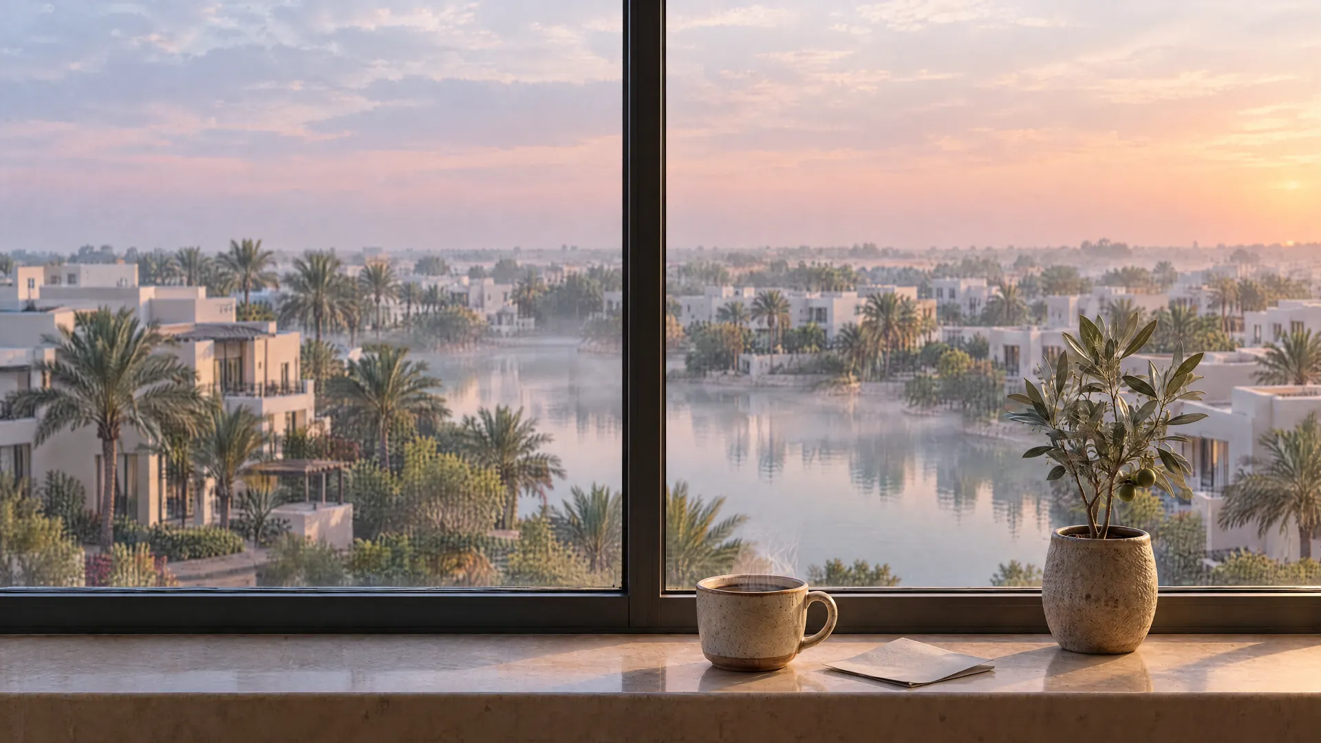 Morning: view from a window over villas, palms and a lagoon in Dubai, a steaming coffee on the windowsill