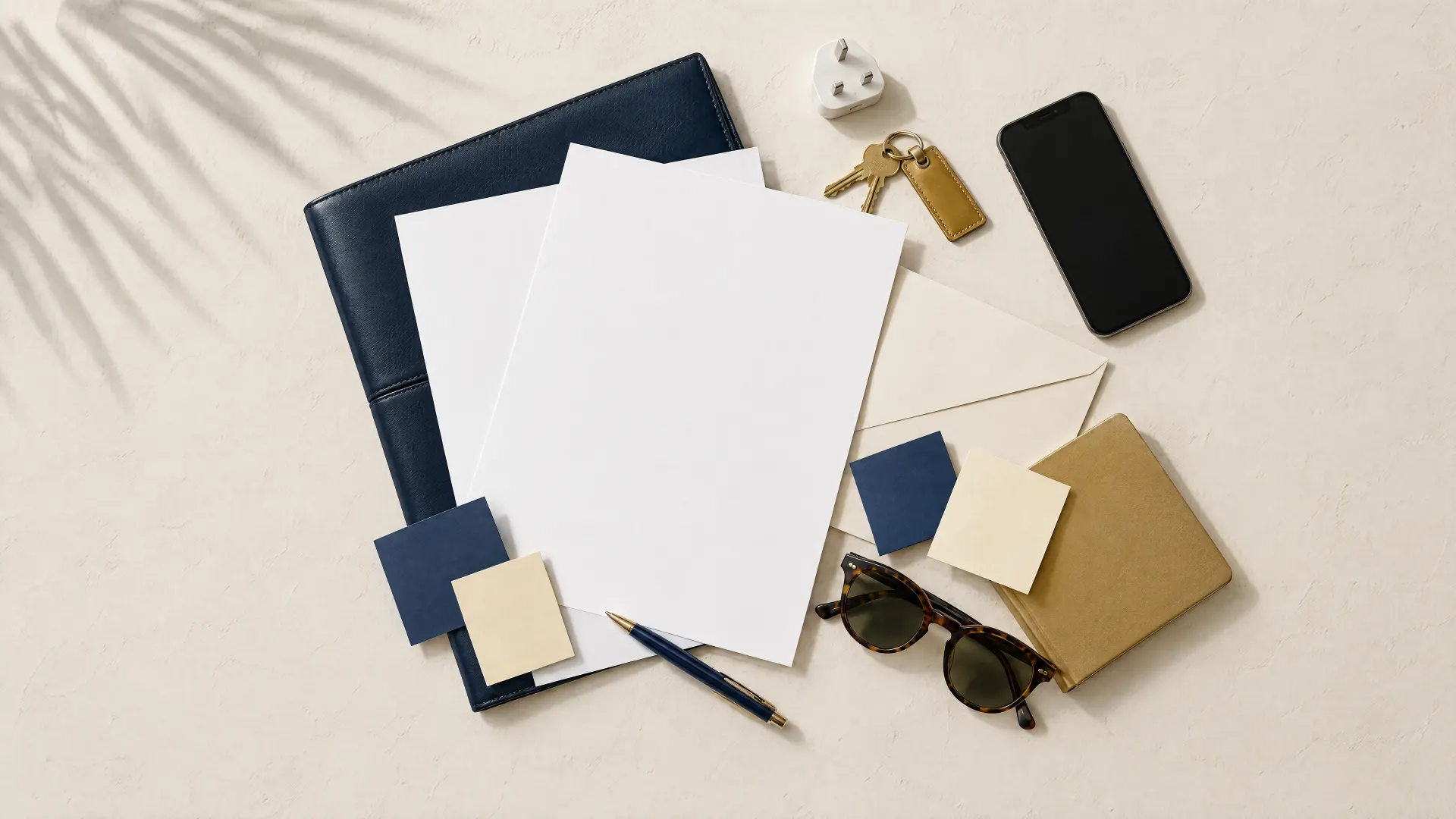 Papers, document folder, plug adapter, keys and phone lie scattered