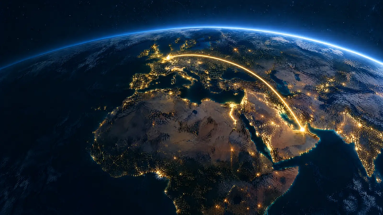 The Earth at night: a golden line leads from Europe to Dubai